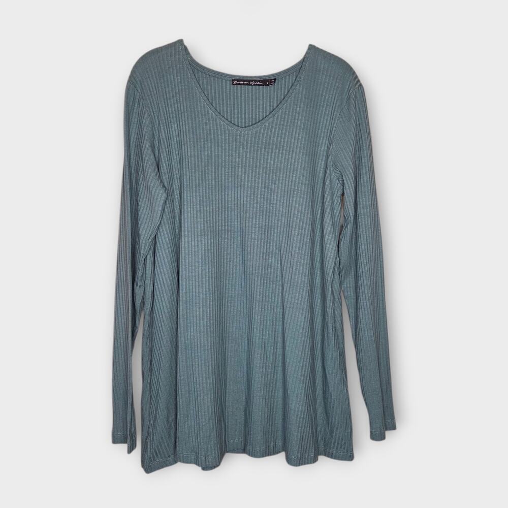 Gudrun Sjoden Womens Green Ribbed V-Neck Tunic Top Med Long Sleeve Lyocell